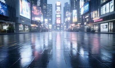 Fototapeta premium Empty urban street reflecting neon lights after rain.