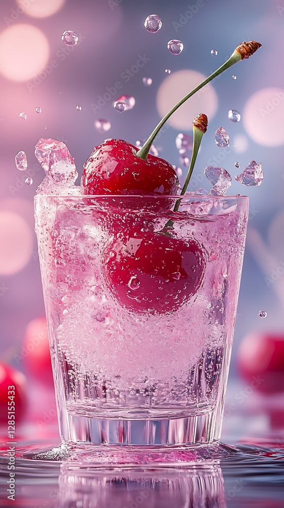 Aufkleber close-up of a frosty glass filled with sparkling water and cherries creating a vibrant splash effect
