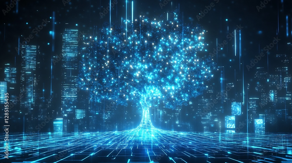 Poster illuminated digital tree over a glowing landscape, symbolizing the blend of nature and technology in