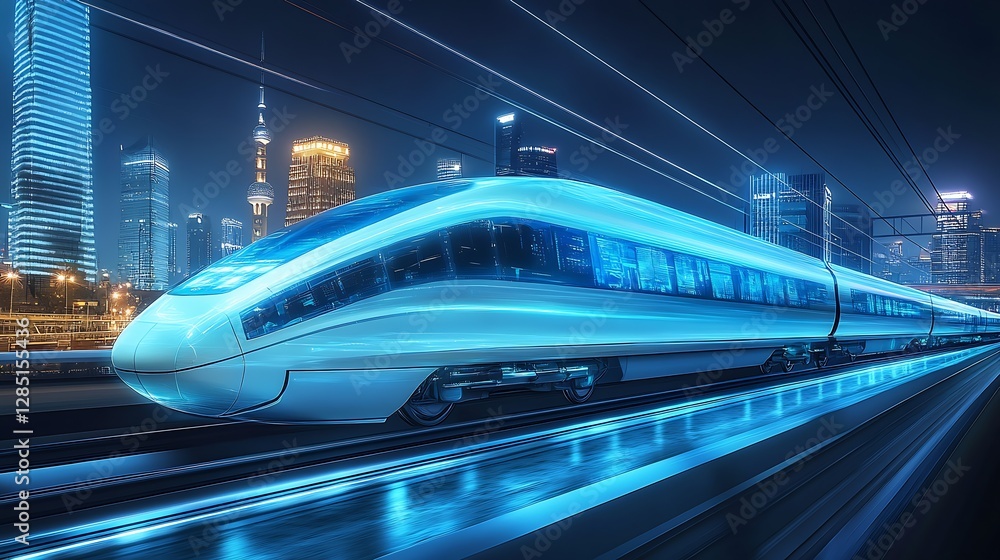 Fototapete high-speed futuristic train with illuminated design speeding through a cityscape : generative ai