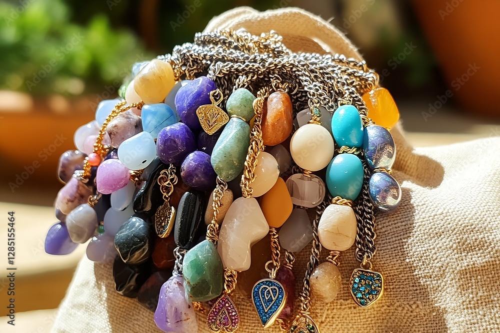Aufkleber Charming and colorful assortment of handcrafted gemstone bracelets elegantly displayed for eye-catching appeal : Generative AI