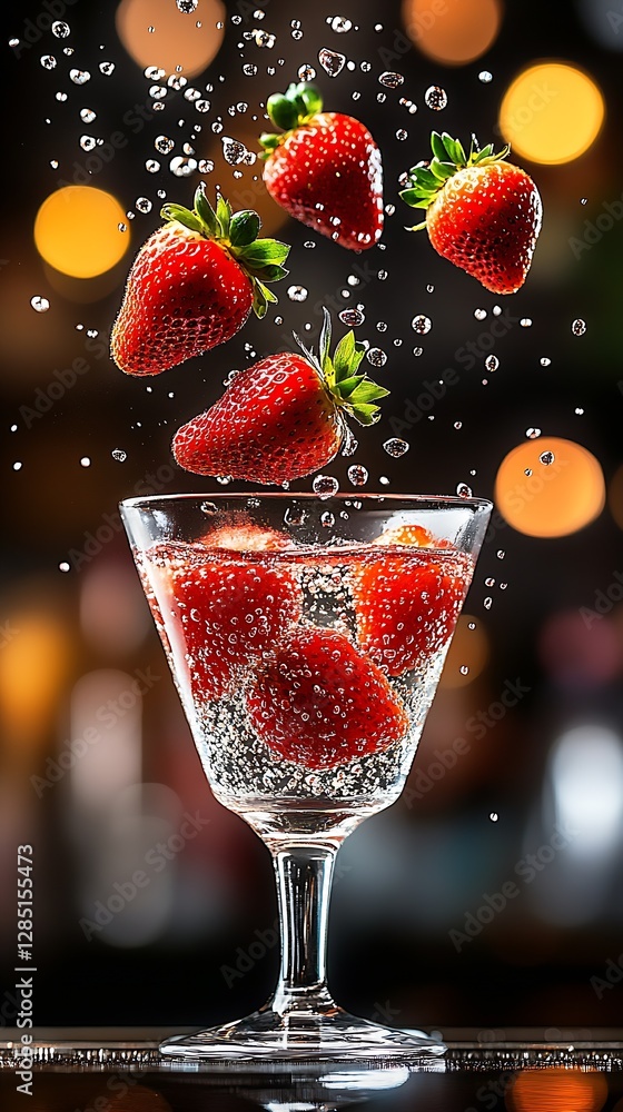 Poster dynamic image of strawberries bursting into a sparkling drink showcasing freshness and excitement : 