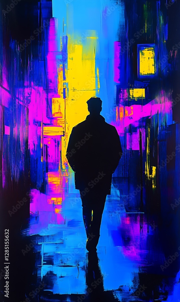 Poster striking abstract art of a figure walking down a neon alley with bright color contrasts and reflecti