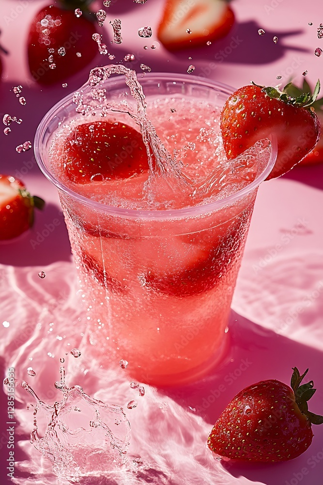 Poster Dynamic splash of a strawberry drink with berries in a clear cup on a colorful pink backdrop creating a fun scene : Generative AI