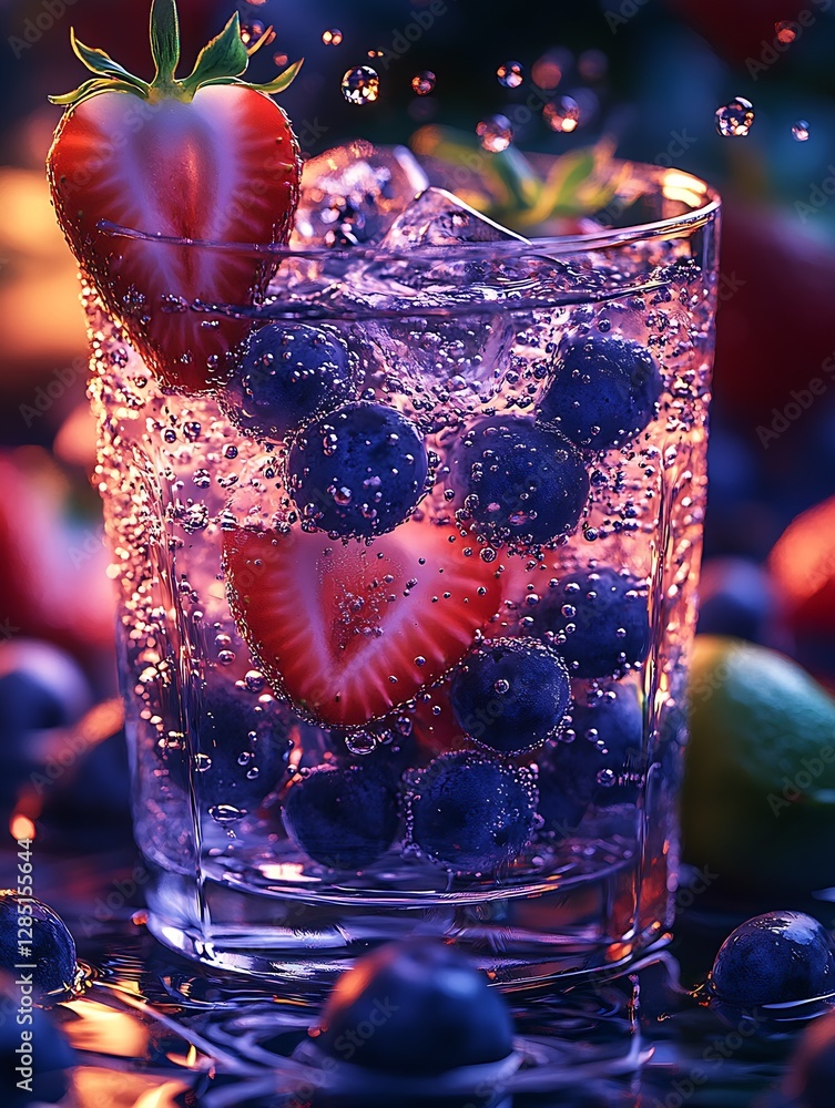 Poster chilled beverage with fresh strawberries and blueberries in a clear glass sparkling with bubbles : g