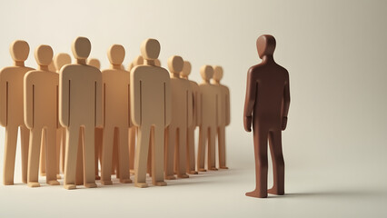 A homogeneous group of light-skinned people with a dark-skinned person isolated, symbolizing racial exclusion and the pain of being left out.