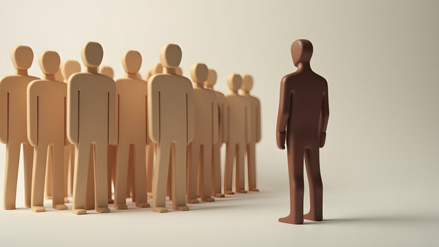 A homogeneous group of light-skinned people with a dark-skinned person isolated, symbolizing racial exclusion and the pain of being left out.