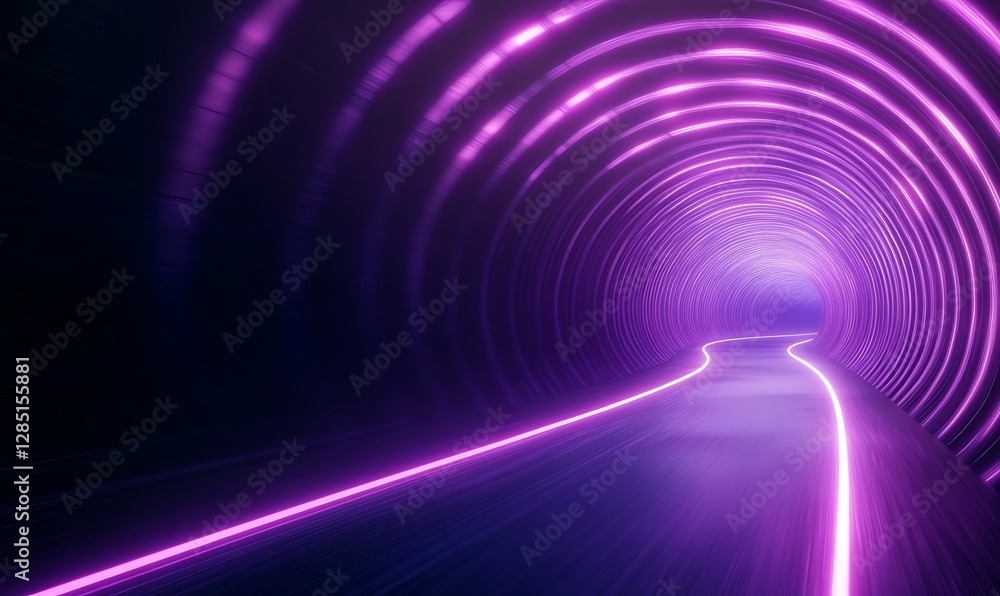 Poster futuristic tunnel illuminated with vibrant purple lights and a smooth pathway ahead.
