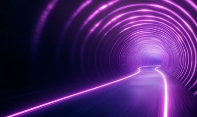 Futuristic tunnel illuminated with vibrant purple lights and a smooth pathway ahead.