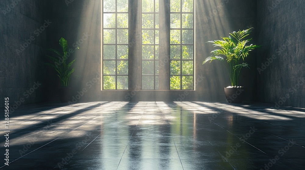 Poster sunlight streams through the window onto a tiled floor