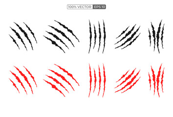 Set of red and black animal claw marks, scratches, talons cuts cat, tiger, dog, lion, monster vector stock illustration