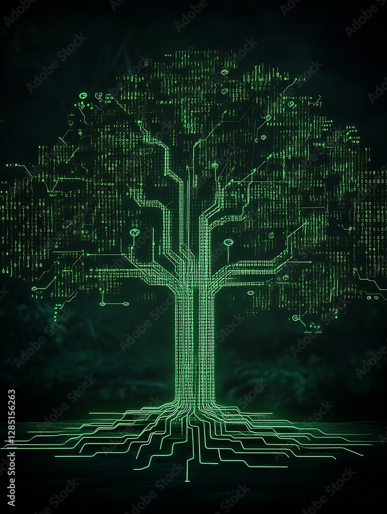 Poster A stunning digital tree artwork made from binary code showcasing technology and nature connections : Generative AI