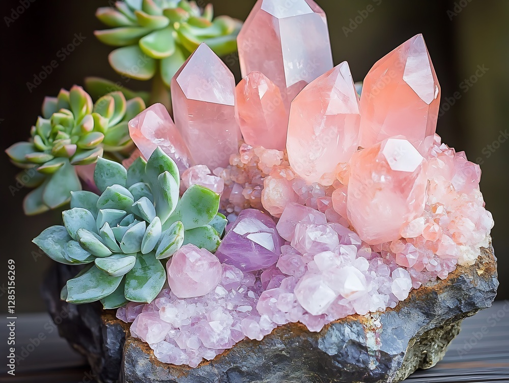 Aufkleber beautiful display of pink gemstones and lush succulents creating a natural and artistic centerpiece 