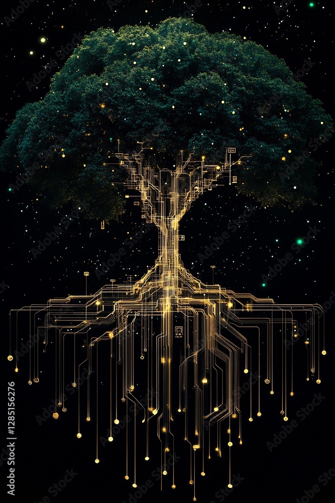 Poster Artistic Representation of a Tree with Golden Digital Roots and Stars : Generative AI