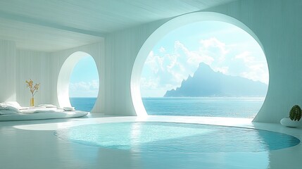 Plakat Modern minimalist room featuring a pool with ocean view and mountain