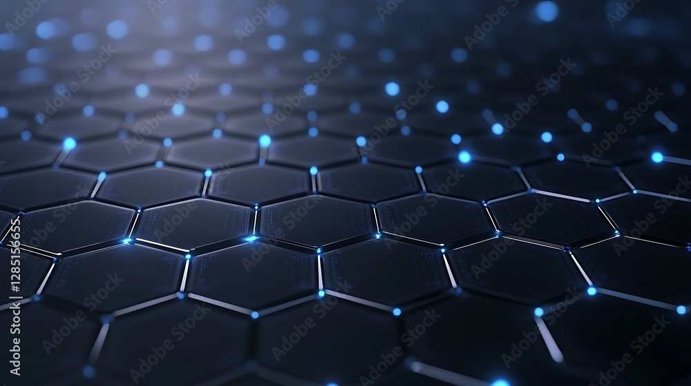 Poster futuristic hexagonal pattern with glowing blue accents on a dark background.
