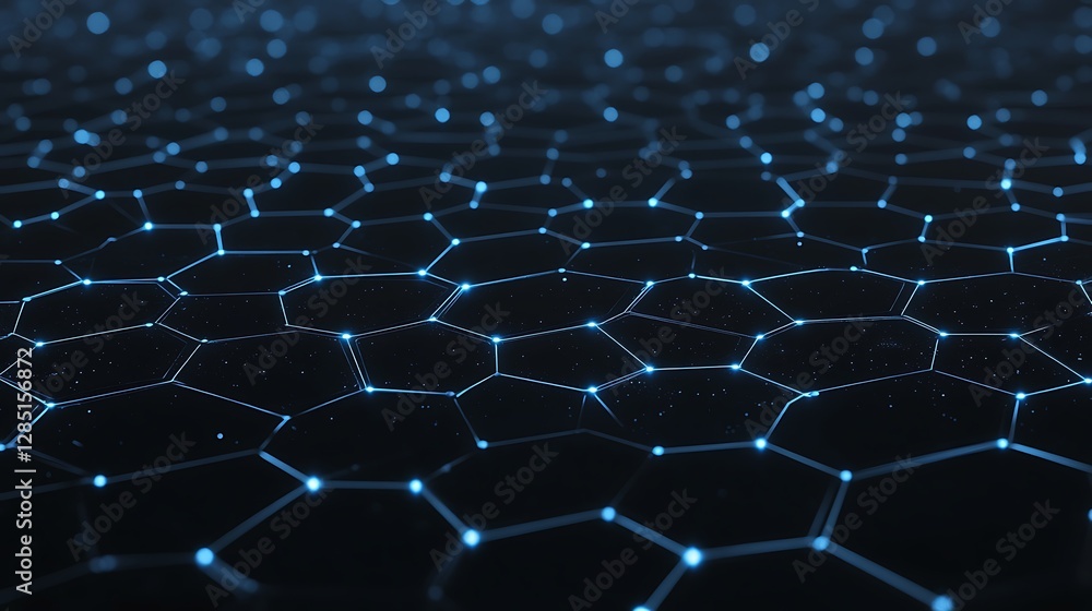 Poster digital representation of interconnected hexagonal shapes with glowing blue accents on a dark backgr
