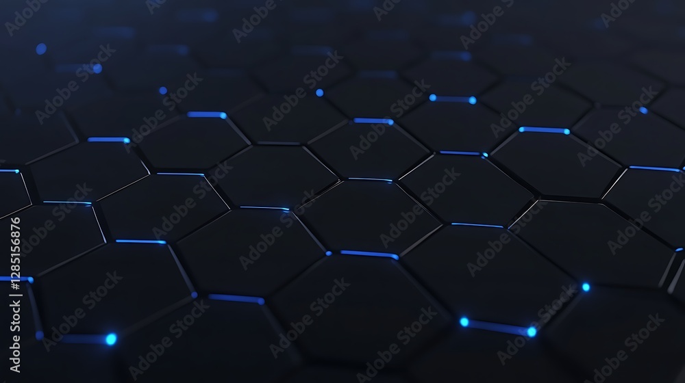 Poster dark hexagonal pattern with glowing blue accents, creating a futuristic tech aesthetic.