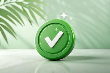 Green checkmark icon on a round badge with sparkles, against a soft green background with palm leaf shadows, representing approval, success, and natural or eco-friendly concepts.