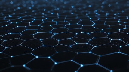 Fototapeta premium Digital representation of interconnected hexagonal shapes with glowing blue accents on a dark background.
