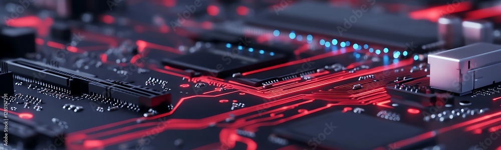 Poster Close-up of a circuit board with glowing red elements and intricate electronic components.