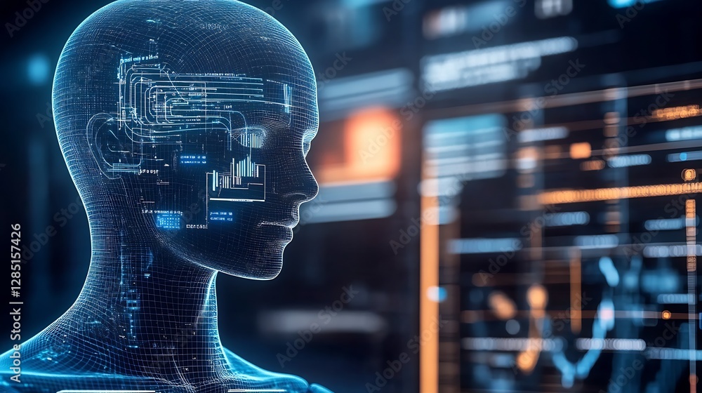 Poster High-tech human silhouette with advanced data visualization highlighting digital information and analytics : Generative AI