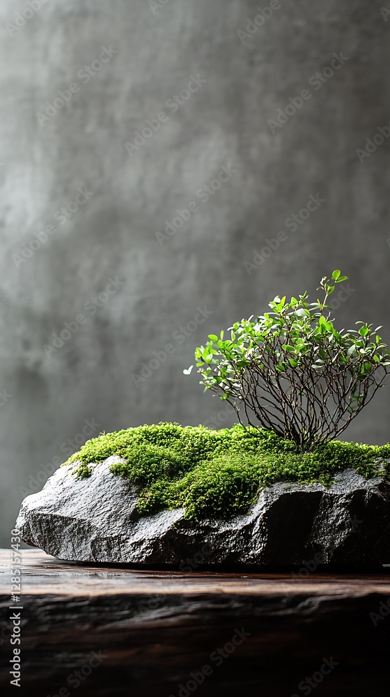 Poster close up of a tiny mossy island with a little tree on a solid rock base under soft light : generativ