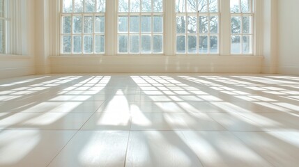 Fototapeta premium Sunlit White Floor Large Windows Interior Design Mockup