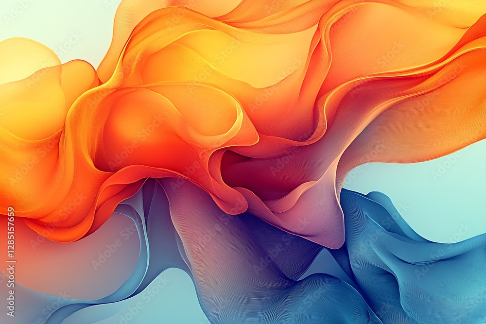 Poster Dynamic flow of orange and blue fabric creating a stunning abstract design with smooth gradients : Generative AI