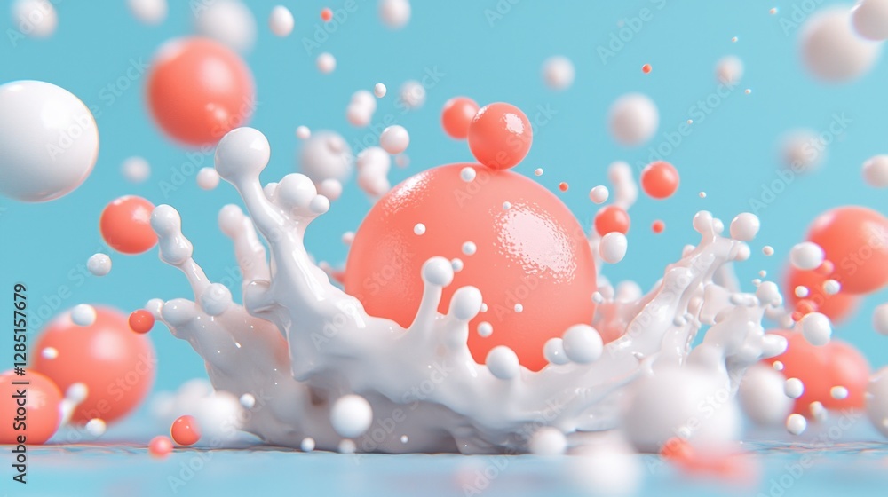 Poster abstract milk splash with coral spheres 3d render creamy texture fluid dynamics