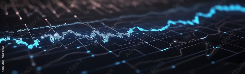 Fototapete Abstract digital graph with glowing blue lines on a dark background, representing data analysis or financial trends.