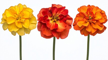 Obraz premium Three marigolds, yellow, orange, red, white background, floral design