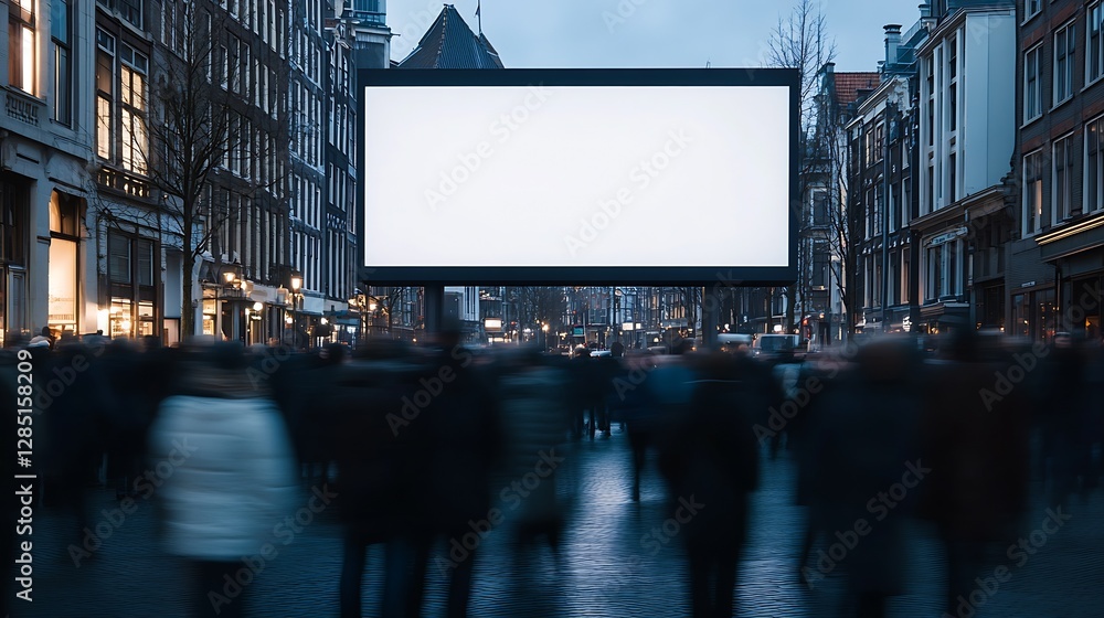 Aufkleber large empty billboard on bustling street surrounded by a blurred crowd of people during evening time
