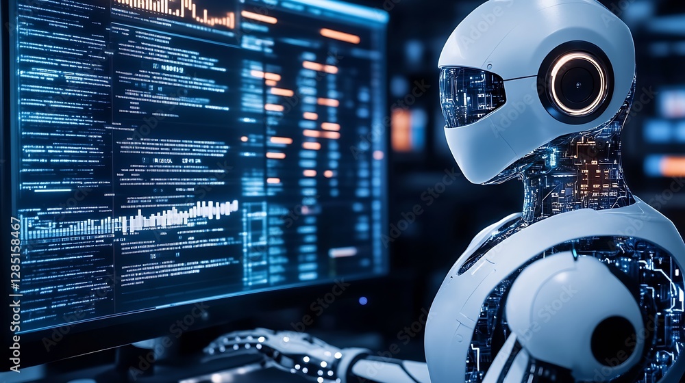 Poster Close-up of a Futuristic Robot Operating Data Systems in a High-Tech Environment : Generative AI