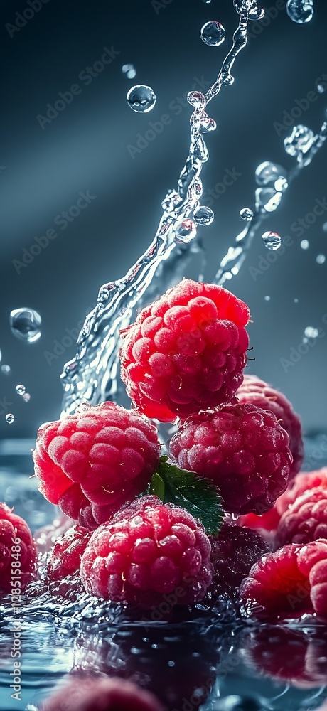 Aufkleber fresh raspberries splashed with water creating a juicy and vibrant still life : generative ai