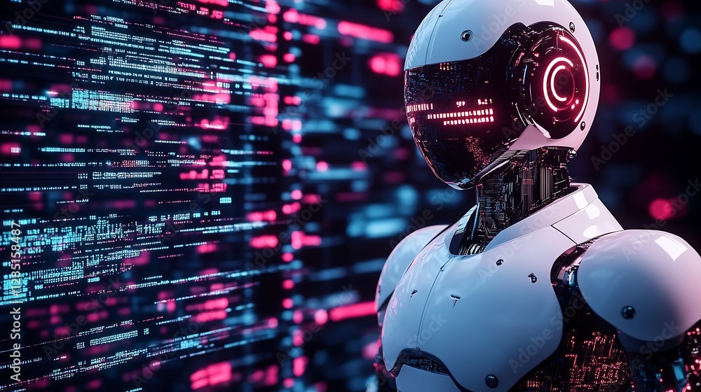 Aufkleber Sleek humanoid robot showcasing advanced features with vibrant neon lights in a futuristic digital landscape : Generative AI