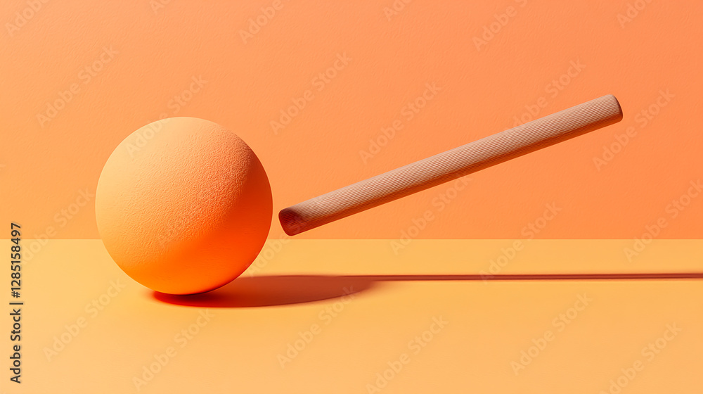 Poster dynamic motion of orange ball rolling with stick studio setting abstract art minimalist viewpoint cr