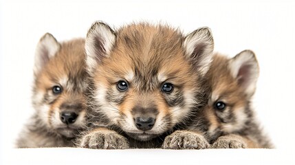 Three wolf pups cuddle, studio shot, white background, pet advertisement