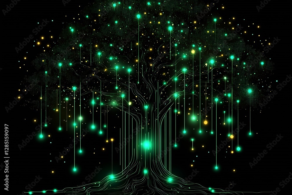 Poster Enchanting digital portrayal of a vibrant glowing tree with cascading lights and intricate branches in a dark background : Generative AI