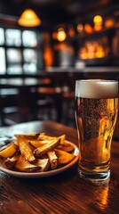 Delicious golden fries served with a pint of beer in a lively pub ambiance : Generative AI