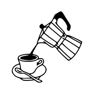 coffee pouring into cup, black and white clip art preview