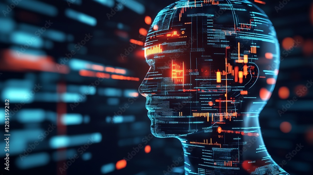 Poster Futuristic digital human head with glowing data streams and codes flowing around it : Generative AI