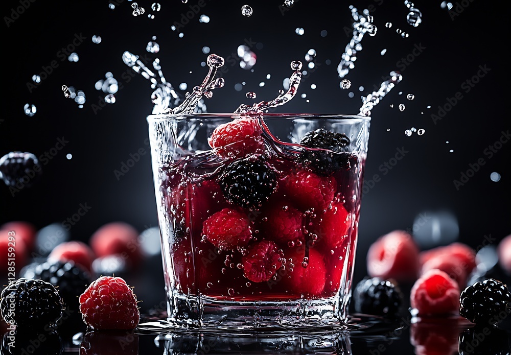 Poster dynamic berry splash in a glass filled with refreshing fruit beverage : generative ai
