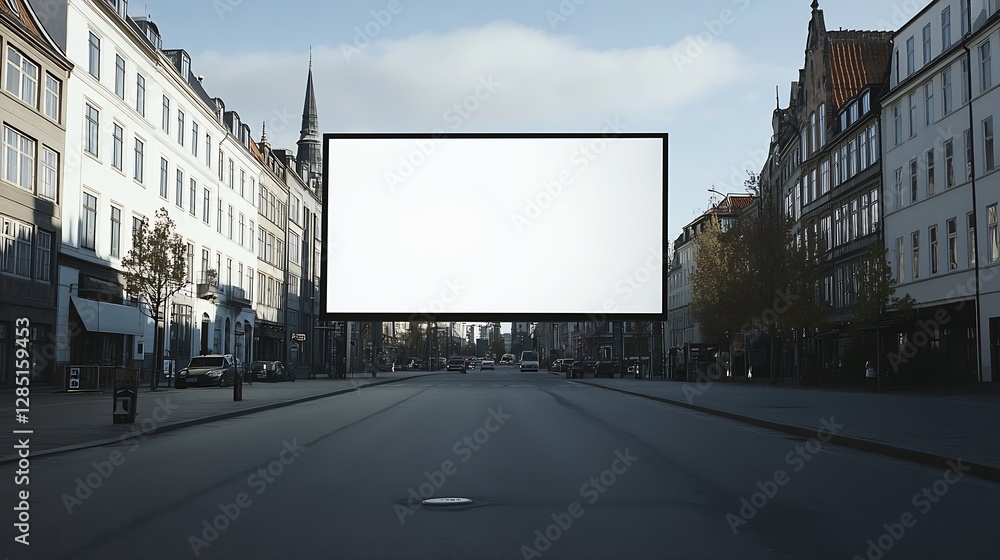 Poster expansive white billboard standing in a peaceful street surrounded by unique structures : generative