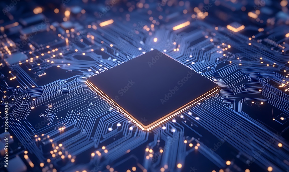 Aufkleber Close-up view of a microchip on a circuit board with glowing connections.