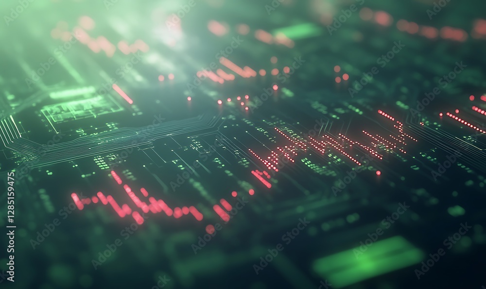 Poster abstract digital visualization of data streams and circuitry in vibrant green and red hues.