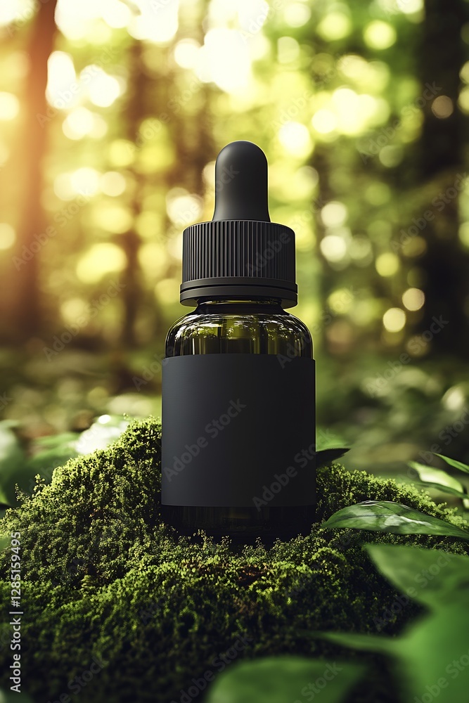Poster elegant dark glass dropper bottle surrounded by lush green moss in a serene forest setting : generat