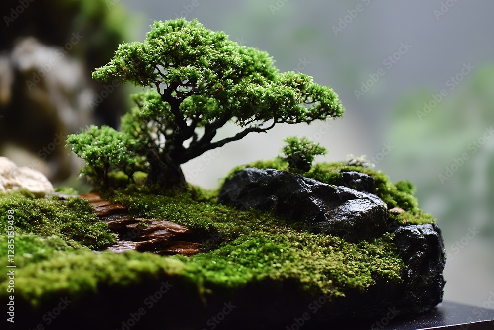 Poster close-up of a miniature bonsai tree artfully placed among moss and stones emphasizing intricate deta