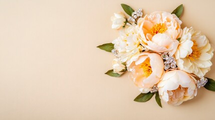 Fototapeta premium Elegant Peach Peonies Floral Arrangement on Neutral Background for Wedding Invitations or Spring Celebrations.
