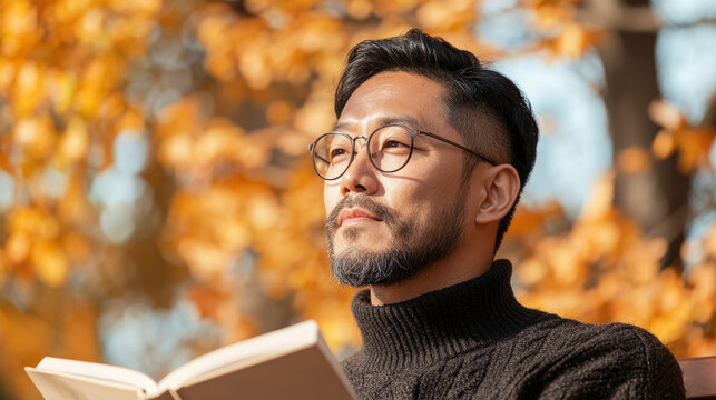 Thoughtful Young Asian Male Reading in Autumn Forest with Falling Leaves